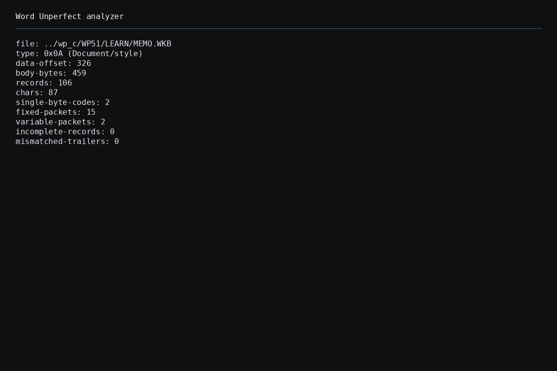 Word Unperfect analyzer output for MEMO.WKB