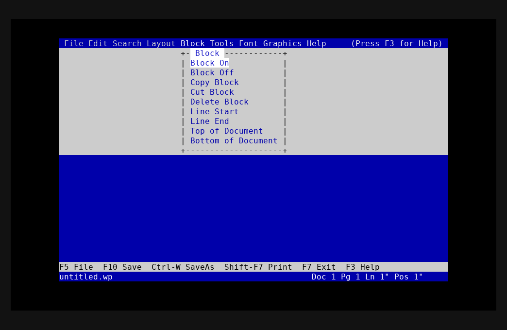 Word Unperfect Block menu in the current TUI