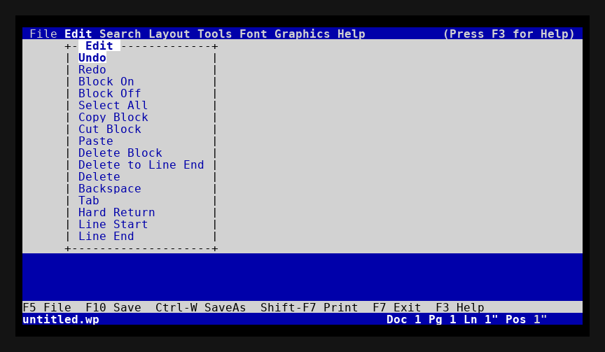 Word Unperfect Edit menu with block commands in the current TUI